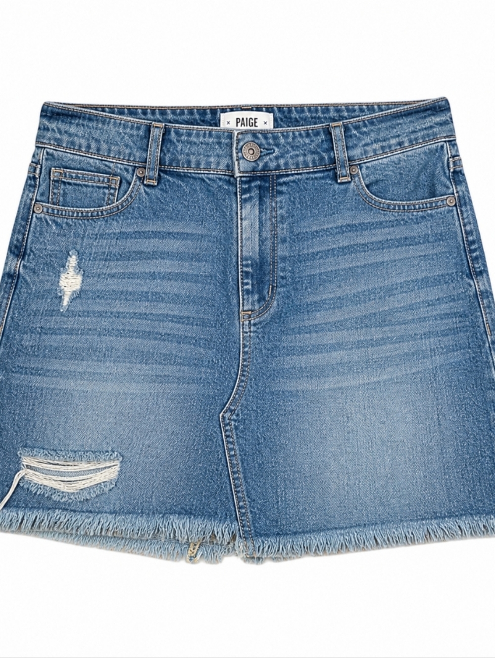 PAIGE Afia Dunlee Asymmetrical Frayed Hem Distressed Mini Jean Skirt Size 32